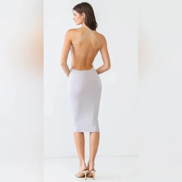 Sexy Ribbed Halter Neck Criss-Cross Back Midi Dress #434-436 - Picture 2 of 11